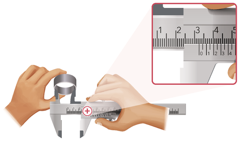 Ilustração de mãos medindo o diâmetro de um cano com um paquímetro. Uma ampliação mostra que o número 0 centímetro da régua menor está sobre o 3,25 centímetros da régua maior.