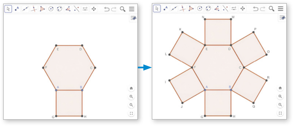 Imagem de sequência de telas do Geogebra. Na primeira, a figura A B C D E F, que é um hexágono regular, e o quadrado A B C D, que compartilha o lado A B com o hexágono. Na segunda, há também um quadrado compartilhando um dos lados com cada um dos outros 5 lados do hexágono.