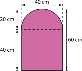 Imagem de figura que pode ser decomposta em um quadrado e um semicírculo. Ela tem a altura de 60 centímetros, que corresponde ao raio do semicírculo e o lado do quadrado, somados. Um dos lados do quadrado está sobreposto ao diâmetro do semicírculo. Medidas: Quadrado: lados iguais a 40 centímetro. Semicírculo: Diâmetro: 40 centímetros. Raio: 20 centímetro.