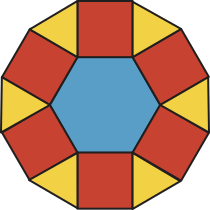 Imagem de mosaico composto por um hexágono, 6 quadrados e 6 triângulos, que juntos formam um polígono de 12 lados. O hexágono está no centro e há um quadrado adjacente a cada lado dele. Os triângulos estão entre os quadrados.