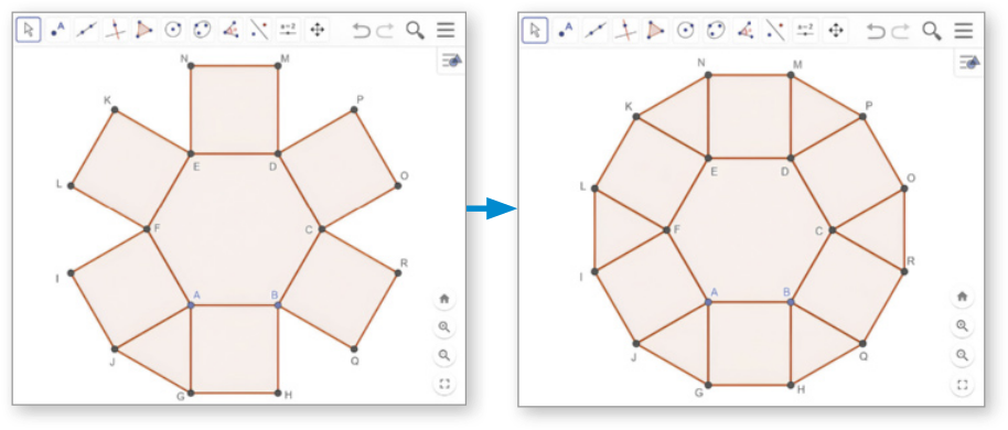 Imagem de sequência de telas do Geogebra. Elas são sequência das etapas descritas anteriormente. Na primeira, foi adicionado um triângulo A G J. Ele compartilha um lado com o quadrado A B G H e outro com o quadrado A F I J. Na segunda, há também um triângulo compartilhando dois de seus lados para cada um dos outros 5 quadrados.