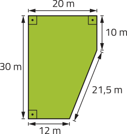 Imagem do terreno representado por um polígono irregular de 5 lados. Eles têm as seguintes medidas: 30, 20, 10, 21,5 e 12 metros.