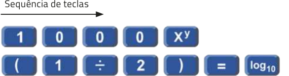Imagem de duas sequências com os seguintes botões de calculadora: 1, 0, 0, 0, x^y. Parêntese, 1, divisão, 2, parêntese, igual, logíndice 10.