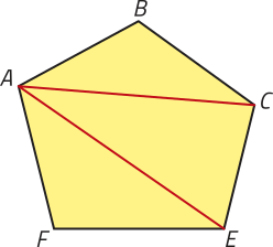 Imagem de polígono com 5 lados e vértices A, B, C, E e F. Há uma diagonal entre A e C e outra entre A e E.