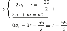 Imagem de um sistema de duas equações: menos 2 aíndice 1 menos r = menos 25 sobre 2; 2 aíndice 1 mais 4r = 40. As equações são somadas, resultando em: 0 aíndice 1 mais 3r = 55 sobre 2. Implica-se que r = menos 55 sobre 6.