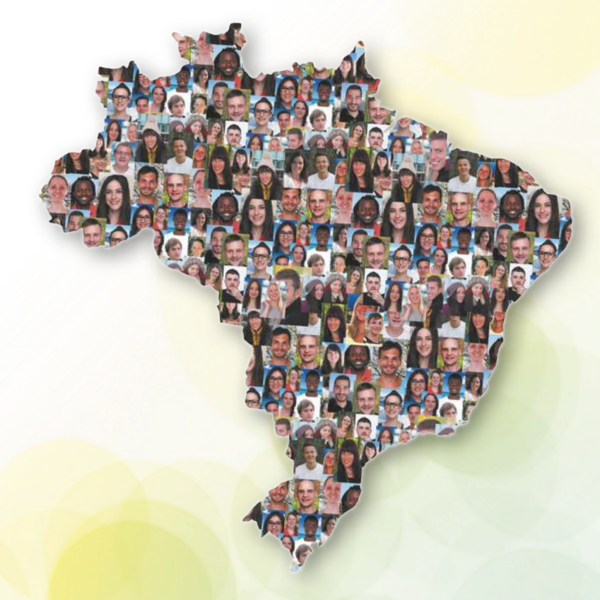 Imagem do mapa do Brasil composto por fotografias de rostos de várias pessoas. Elas têm cor de pele, gênero, traços, tipos de cabelos e idades diversos.