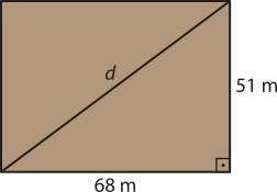 Imagem de um retângulo de base maior = 68 metros e base menor = 51 metros. Uma diagonal, d, cruza dois vértices opostos.