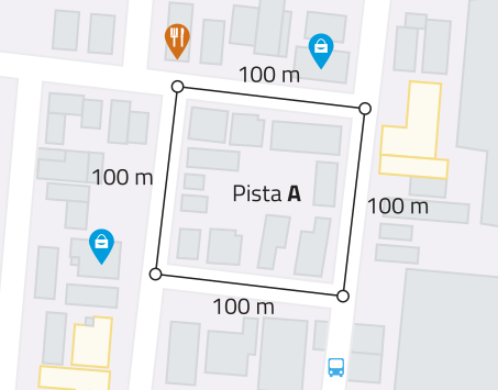 Imagem de um mapa com uma rota traçada, representando a pista A, que é um circuito fechado com 4 trechos de rota. Cada um deles tem 100 metros.
