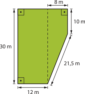 Imagem de uma figura que pode ser decomposta em um trapézio e um retângulo. Medidas do retângulo: Base maior = 30 metros. Base menor = 12 metros. Trapézio: Base maior = 30 metros. Base menor = 10 metros. Altura = 8 metros. Lado inclinado = 21,5 metros.