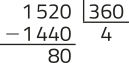 Conta armada de divisão. Dividendo: 1.520. Divisor: 360. Quociente: 4. Resto: 80.