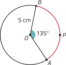 Imagem de uma circunferência com centro O, com os pontos A e B. Há um ponto p no arco A B. B O = 5 centímetros e o ângulo A O B mede 135 graus.
