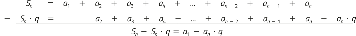 Imagem da seguinte conta armada: S índice n = a_1 + a_2 + a_3 + a_4 + reticências + a_{n-2} + a_{n-1} + a_n. -S índice n \times q = a_2 + a_3 + a_4 + reticências + a_{n-2} + a_{n-1} + a_n + a_n \times q. Resultado: S índice n - S_n \times q = a_1 - a_n \times q
