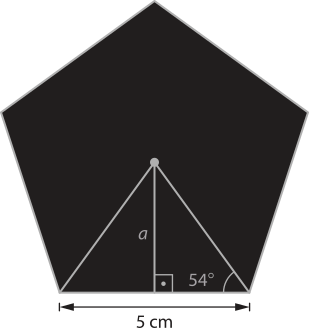 Imagem de um pentágono regular de lado = 5 centímetros. Há dois segmentos traçados entre o centro do pentágono e os dois vértices de um mesmo lado, compondo um triângulo. O ângulo entre um desses segmentos de reta e o lado do pentágono é 54 graus. Há também um segmento de reta, a, traçado entre o centro do pentágono e o ponto médio desse lado. O ângulo entre o segmento de reta a e o lado mede 90 graus.