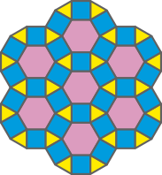 Ilustração de mosaico composto por hexágonos regulares, quadrados e triângulos. As figuras geométricas semelhantes não compartilham lados entre si.