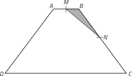 Imagem de um trapézio A B C D com um ponto M em A B e um ponto N em B C. Há um segmento de reta traçado entre M e N, formando o triângulo B M N, que está hachurado.