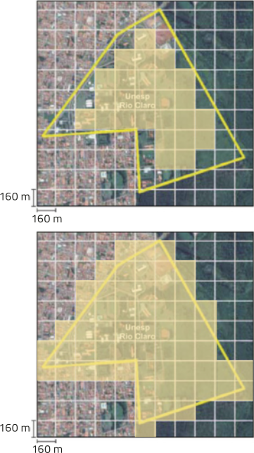 Imagem com duas figuras de malha quadriculada com quadradinhos com 160 metros de lado, com um hexágono contornando a área referente à da Unesp Rio Claro. Na primeira, ela engloba 26 quadradinhos inteiros. Na segunda, 59 quadradinhos englobam a figura inteira.