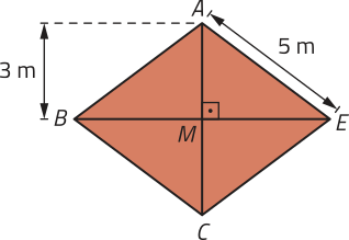 Imagem de um losango regular A B C D com segmentos de retas representando suas diagonais. Elas passam pelo ponto M, no centro do losango. Ele pode ser decomposto em 4 triângulos com hipotenusa igual a 5 metros e cateto menor igual a 3 metros.