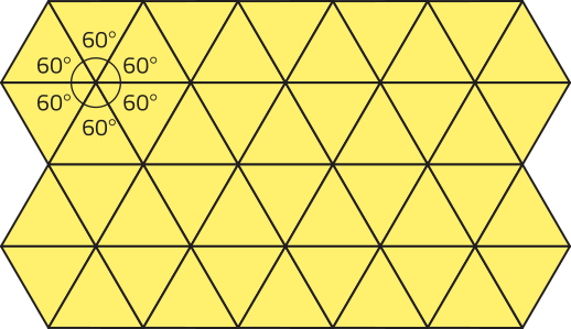 Imagem de figura composta por 44 triângulos equiláteros. Ela pode ser decomposta em 6 hexágonos e 8 triângulos. Os 6 ângulos de 60 graus de um dos hexágonos estão demonstrados.