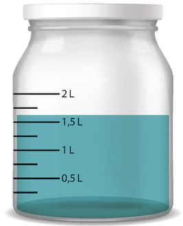 Ilustração de um recipiente com um líquido que está na altura da marcação que indica entre 1,5 e 1,75 litro.