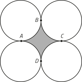 Imagem de 4 circunferências. A superior esquerda tangencia a superior direita pelo ponto B. A superior direita tangencia a inferior direita pelo ponto C. A inferior direita tangencia a inferior esquerda pelo ponto D. A inferior esquerda tangencia a superior esquerda pelo ponto A. O espaço entre elas, no centro, está hachurado em cinza.
