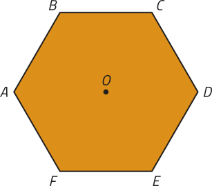 Imagem de um hexágono regular de vértices A B C D E F, com centro O.
