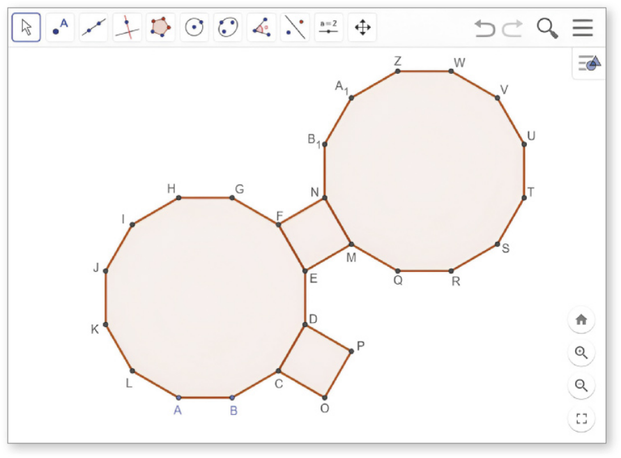 Imagem de tela do Geogebra com dois polígonos regulares de 12 lados e dois quadrados. Um dos quadrados compartilha um lado com um dos polígonos e o outro, com o outro. O outro quadrado compartilha um de seus lados somente com um deles.