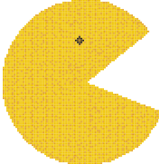 Imagem do personagem, que é uma cabeça circular com a boca aberta. A boca é equivalente a uma área ausente correspondente a um setor do círculo.