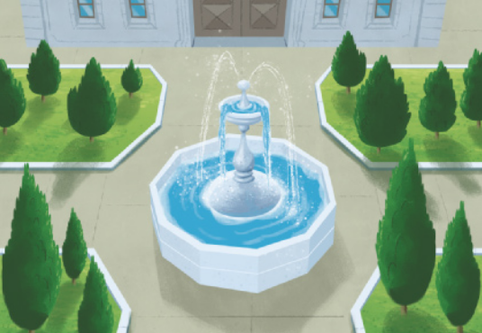 Ilustração de uma praça com uma fonte cuja base tem formato de um decágono regular. No cento dela, uma estrutura vertical, por onde jorra a água.