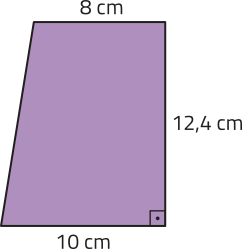 Imagem de trapézio com base maior = 10 metros, base menor = 8 metros e altura = 12,4 metros.