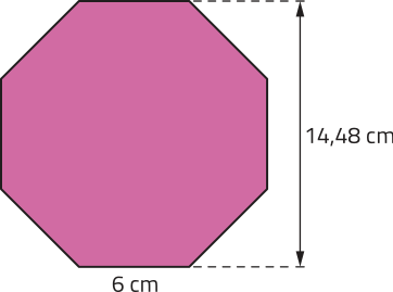 Imagem de octógono regular com lados iguais a 6 centímetros e altura igual a 14,48 centímetros.