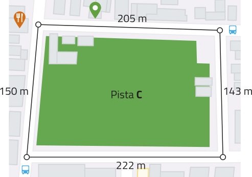Imagem de um mapa com uma rota traçada, representando a pista C, que é um circuito fechado com 4 trechos de rota. Cada trecho tem as seguintes distâncias: 205, 143, 222 e 150 metros.