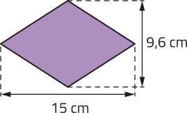 Imagem de losango com diagonal maior = 15 centímetros e diagonal menor = 9,6 centímetros.