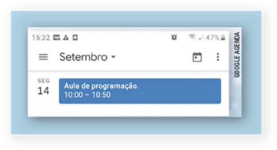 Imagem de aplicativo de agenda com o mês de setembro em tela. Está marcada uma aula de programação no dia 14, segunda-feira, das 10 às 10 horas e 50 minutos.