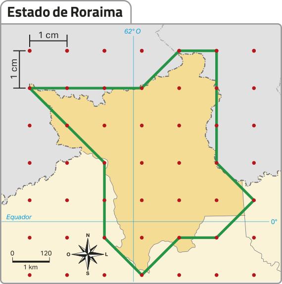 Imagem de rede pontilhada sobre o mapa do estado de Roraima. A distância entre dois pontos horizontais e dois pontos verticais é de um centímetro. Um polígono foi traçado sobre o estado de Roraima. Borda do polígono: 17 pontos. Interior do polígono: 10 pontos.