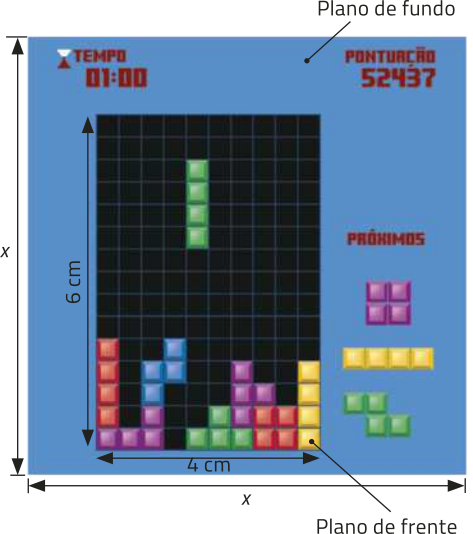 Imagem de tela do jogo block puzzle. O plano de fundo é um quadrado de lado x. Nele há informações como o tempo, a pontuação e as 3 próximas peças que irão aparecer. O plano da frente é um retângulo de base maior = 6 centímetros e base menor = 4 centímetros. Nele há algumas peças encaixadas na base e uma está se aproximando dela.