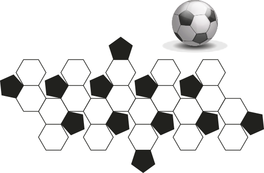 Ilustração de uma bola de futebol com sua planificação, que é composta por 20 hexágonos regulares brancos e 12 pentágonos regulares pretos.