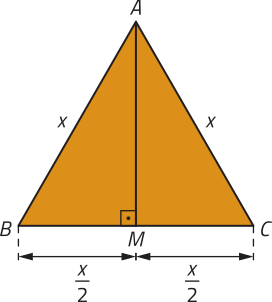 Imagem do triângulo A B C. Há uma reta traçada do vértice A ao ponto M, que divide o lado B C em duas metades. As medidas são as seguintes: A B: x, A C: x, B M: x sobre 2, C M: x sobre 2.