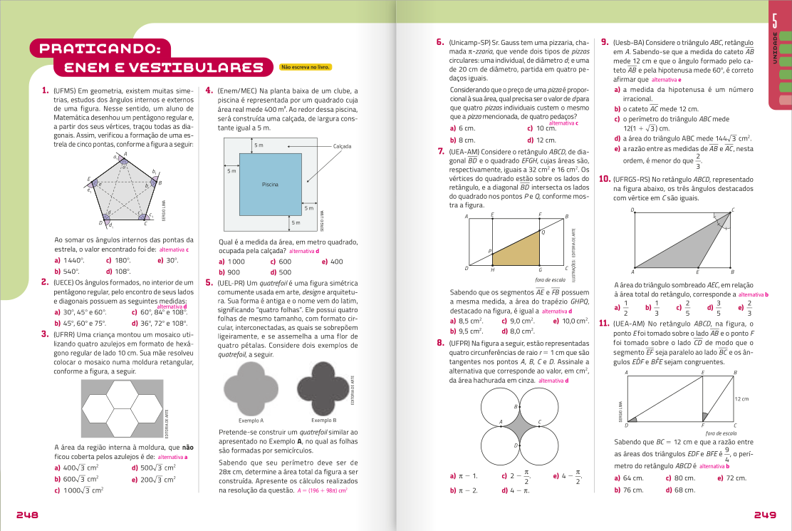 Reprodução de páginas do livro contendo a seção praticando Enem e vestibulares.