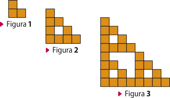 Imagem de 3 figuras. A figura um é composta por 3 quadrados. A figura dois é composta por 9 quadrados. A figura 3 é composta por 27 quadrados.