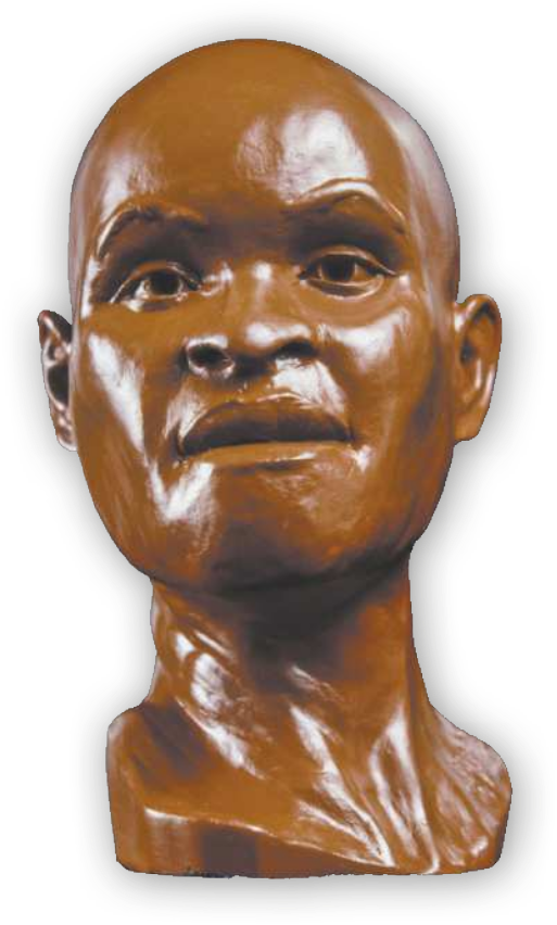 Fotografia de escultura de um rosto humano com nariz e boca largos. As maçãs do rosto são protuberantes e o maxilar é grande.