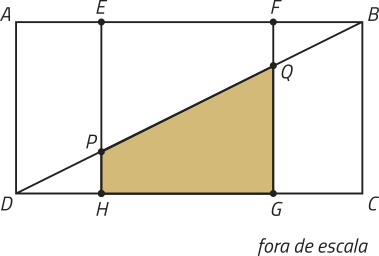Imagem do retângulo A B C D, com uma diagonal traçada entre os pontos B e D. Há também duas linhas verticais ligando as bases maiores do retângulo: Uma sai do ponto E, em A B, passando pelos pontos P, em B D, chegando ao ponto H, em C D. A outra sai do ponto F, em A B, passando pelos pontos Q, em B D, chegando ao ponto G, em C D. Está traçado o trapézio G H P Q, sendo a base maior G Q, a base menor, H P, e a altura, G H. Fora de escala.