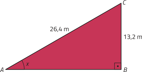 Imagem do triângulo A B C. O ângulo do vértice A = x, e do vértice B = 90 graus. O lado A C mede 26,4 metros e o lado B C, 13,2 metros.