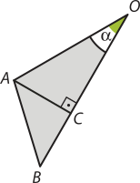 Imagem de um triângulo A O B. O vértice O = alfa e há um segmento de reta saindo de A até o ponto C, que está localizado no lado O B. O ângulo entre o segmento de reta e O B é 90 graus.