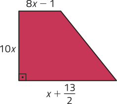 Imagem de trapézio com base maior = x + 13 sobre 2, base menor = 8x menos 1 e altura = 10x.