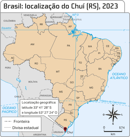 Mapa 'Brasil: localização do Chuí (Rio Grande do Sul), 2023'. Está indicada a seguinte localização geográfica do Chuí: latitude 33 graus 41 minutos e 28 segundos sul e longitude 53 graus, 27 minutos e 24 segundos oeste. Ele está na fronteira do Rio Grande do Sul com o Uruguai.