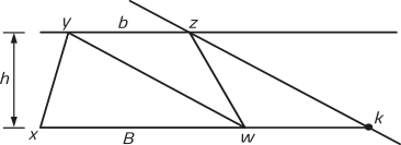 Imagem do trapézio k x y z. Medidas: Base maior: B maiúsculo + w. Base menor: b minúsculo. Altura: h. Ele está decomposto em 3 triângulos: w x y , de base B maiúsculo e altura h. w y z, isósceles, com os catetos medindo b minúsculo. k w z, isósceles. w yz e k w z formam um paralelogramo com diagonal igual a w z.