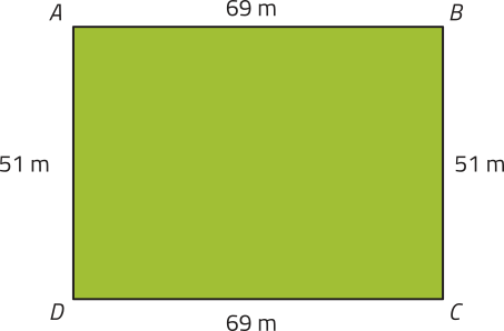 Imagem do retângulo A B C D, com os seguintes lados: A B: 69 metros, B C: 51 metros, C D = 69 metros e A D = 51 metros.