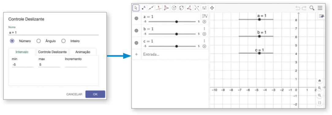 Imagem de sequência de telas do GeoGebra. Na primeira, a tela de criação do controle deslizante. Na segunda, a tela com o controle deslizante criado, inserido em um plano cartesiano, com os parâmetros a, b e c iguais a 1.