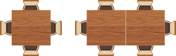 Imagem da seguinte sequência: Uma mesa quadrada com 4 cadeiras. Duas mesas quadradas juntas, com 6 cadeiras.