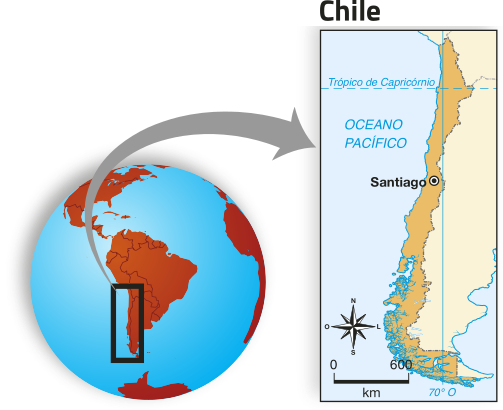 Imagem de um globo terrestre com a América do Sul visível, com uma área destacada a sudoeste dela. Uma ampliação mostra o mapa do Chile, com a capital Santiago indicada.